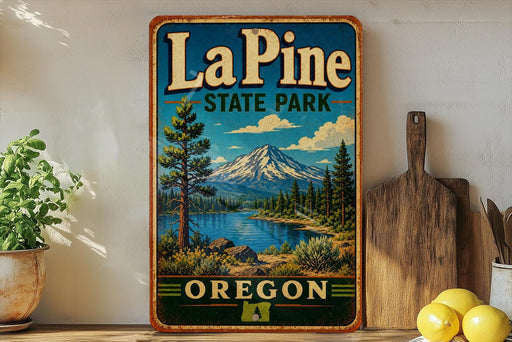 A vintage-style metal sign for La Pine State Park in Oregon, featuring a scenic mountain landscape with pine trees, a lake, and a mountain in the background.