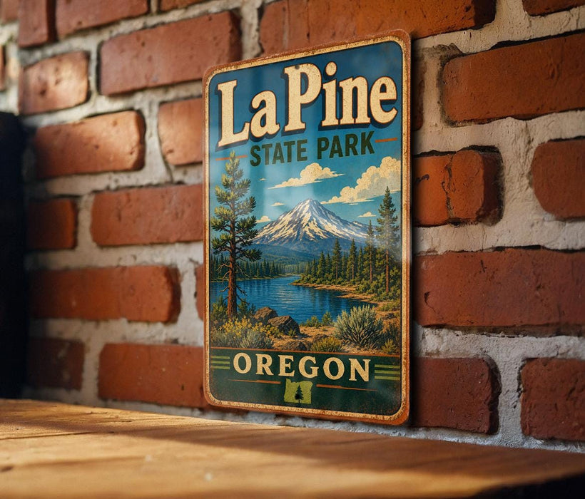 A vintage-style metal sign for La Pine State Park in Oregon, featuring a scenic landscape with a mountain, lake, and pine trees.