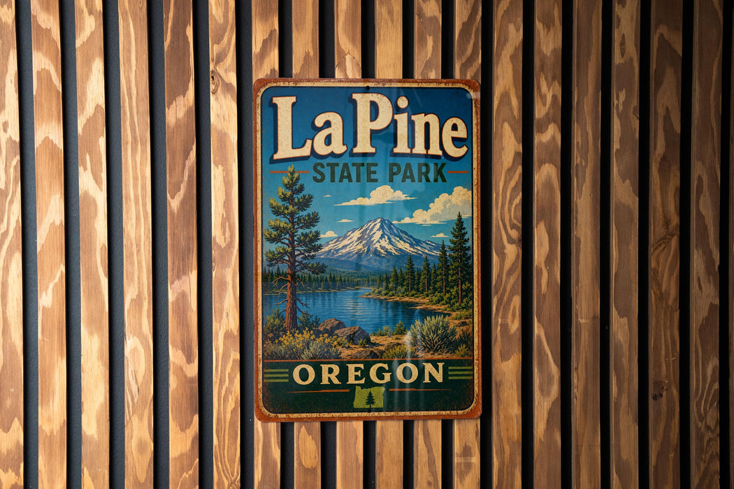 A vintage metal sign for La Pine State Park in Oregon, featuring a scenic mountain landscape with a lake and pine trees.