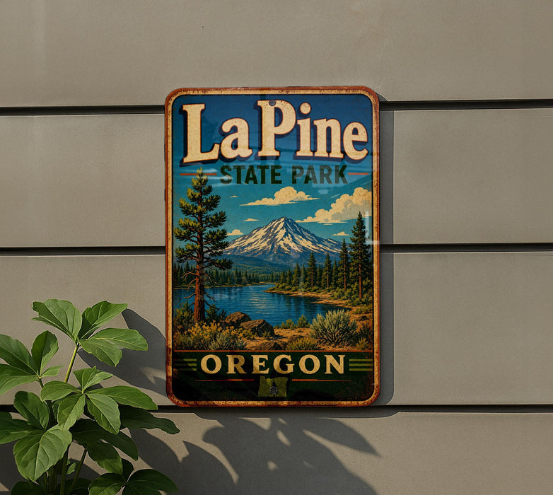 A metal sign with a scenic mountain landscape and water, mounted on a wall next to a plant.