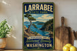 A vintage-style sign for Larabee State Park, featuring a scenic landscape with a pine tree, mountains, and a body of water.