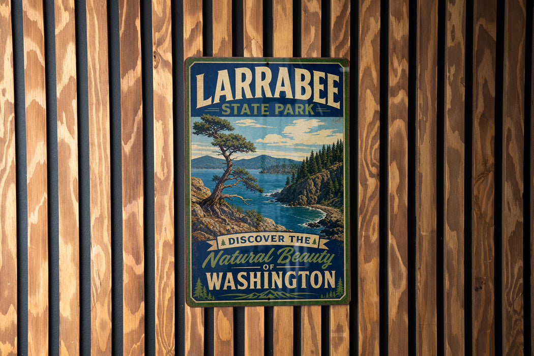 A vintage-style metal sign for Larabee State Park, featuring a scenic landscape with a pine tree and mountains in the background.
