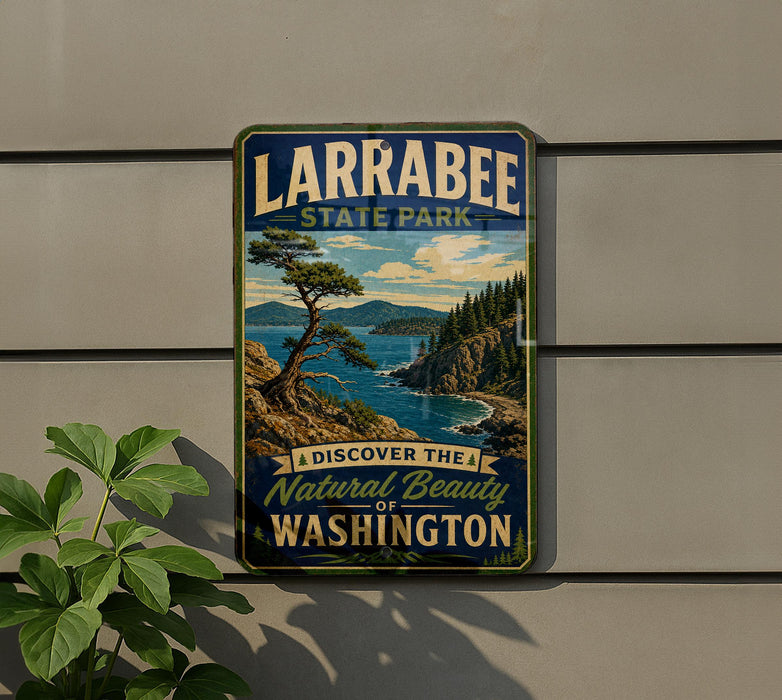 A vintage-style metal sign for Larabee State Park, featuring a scenic landscape with a pine tree, mountains, and a body of water.