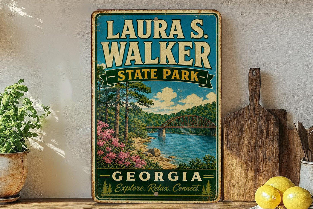 A vintage-style sign for Laura S. Walker State Park in Georgia, featuring a scenic landscape with a bridge and trees.