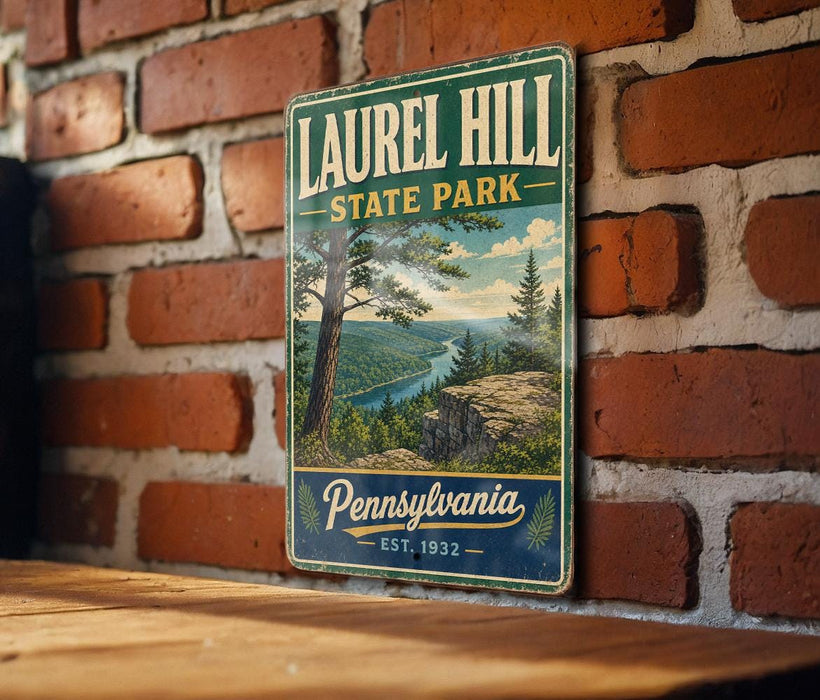 A vintage-style metal sign for Laurel Hill State Park in Pennsylvania, featuring a scenic landscape with a river and pine trees.