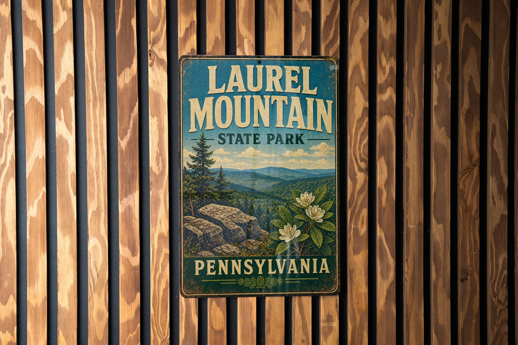 A vintage metal sign for Laurel Mountain State Park in Pennsylvania, featuring a scenic landscape with mountains, trees, and flowers.