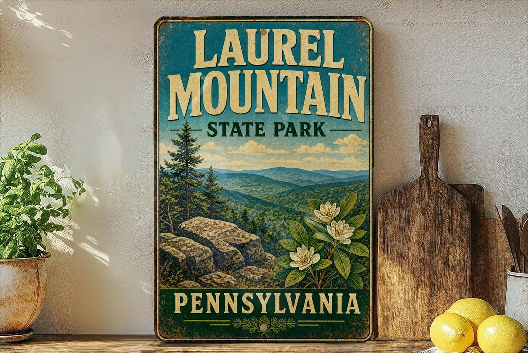 A vintage-style metal sign for Laurel Mountain State Park in Pennsylvania, featuring a scenic mountain landscape with pine trees and flowers.