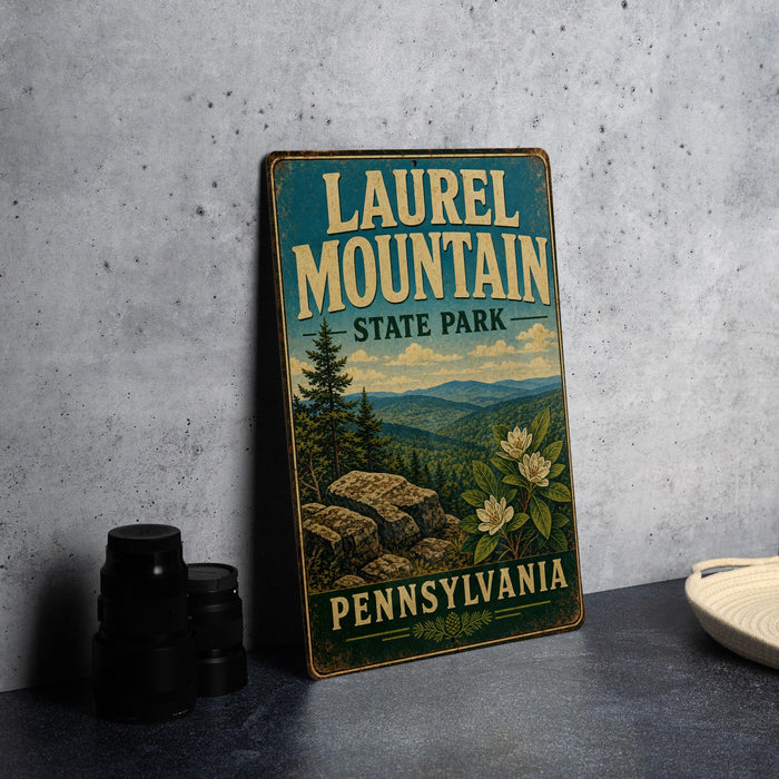 A vintage-style metal sign for Laurel Mountain State Park in Pennsylvania, featuring a scenic landscape with mountains, pine trees, and flowers.