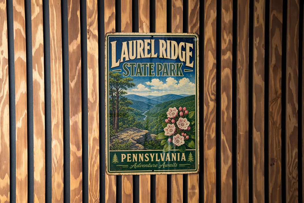 A vintage-style metal sign for Laurel Ridge State Park in Pennsylvania, featuring a scenic landscape with mountains, trees, and flowers.