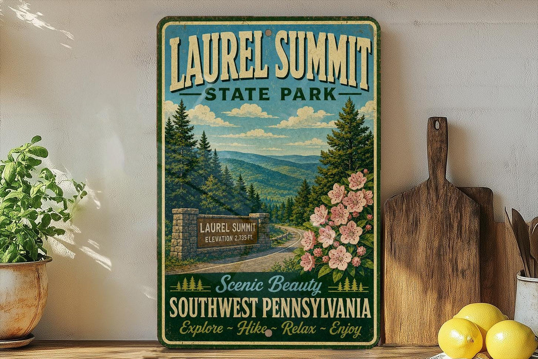 A vintage-style sign for Laurel Summit State Park, featuring a scenic mountain landscape with pine trees and pink flowers.