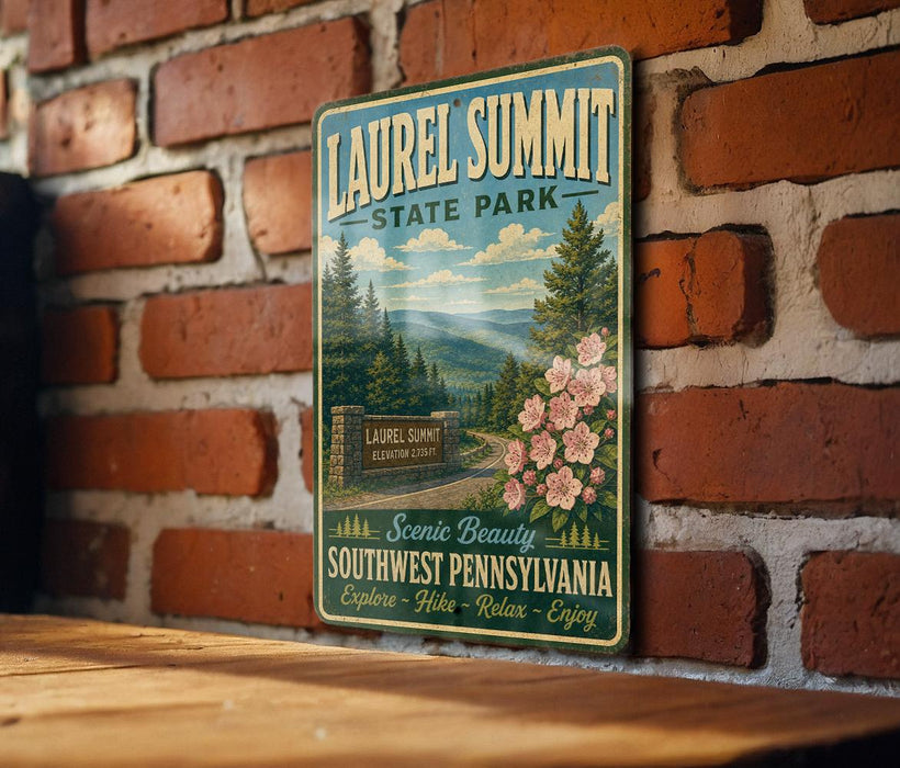 A vintage-style metal sign for Laurel Summit State Park, featuring a scenic mountain landscape with pine trees and pink flowers.