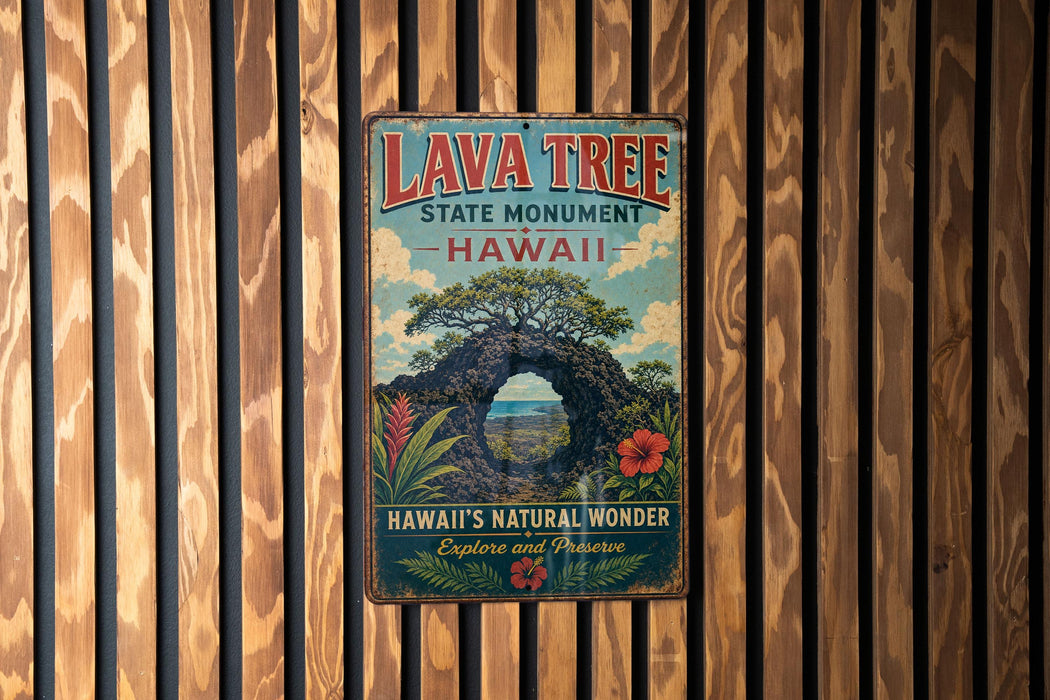 A vintage-style metal sign for the Lava Tree State Monument in Hawaii, featuring a tree with a hole in its trunk and a scenic landscape.