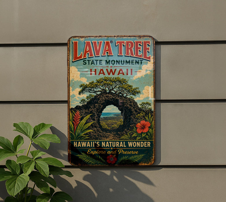 A vintage-style metal sign for the Lava Tree State Monument in Hawaii, featuring a colorful illustration of a tree with a cave opening in the center.