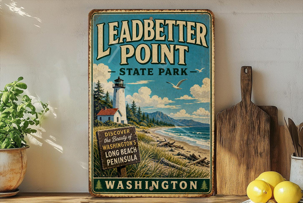 A vintage-style sign for Leadbetter Point State Park in Washington, featuring a lighthouse and a beach scene.
