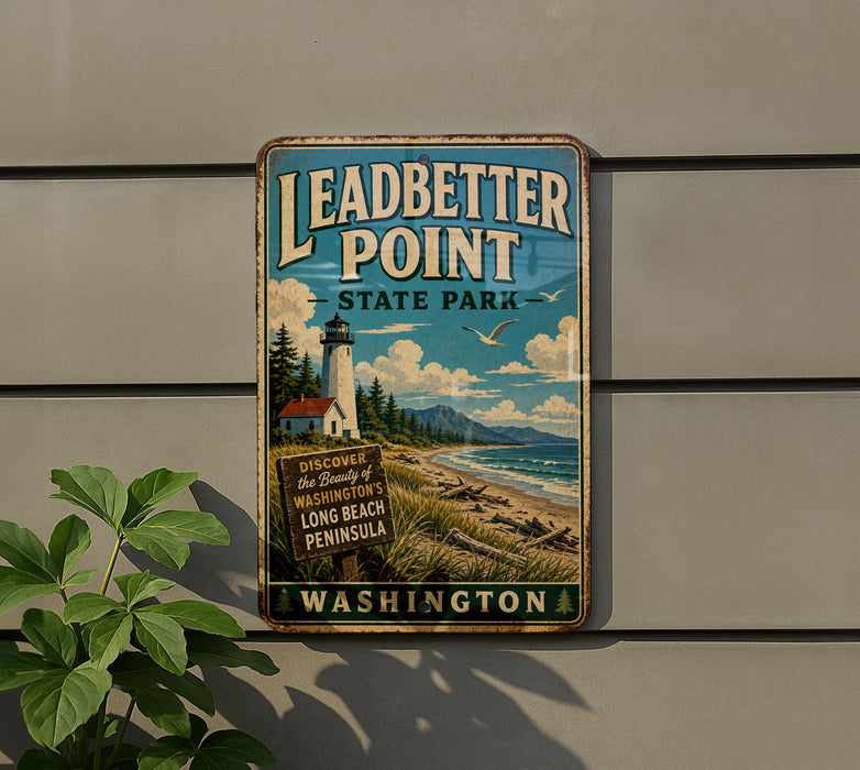 A vintage-style sign for Leadbetter Point State Park in Washington, featuring a lighthouse and a beach scene.