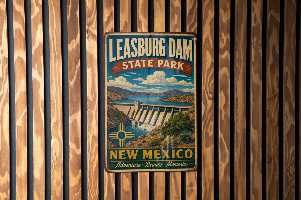 A vintage-style metal sign for Leasburg Dam State Park in New Mexico, featuring a scenic landscape with a dam and mountains in the background.