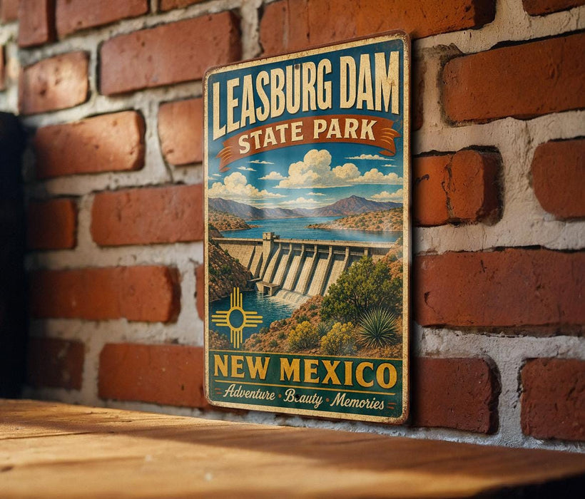 A vintage-style metal sign for Leasburg Dam State Park in New Mexico, featuring a scenic landscape with a dam and mountains in the background.