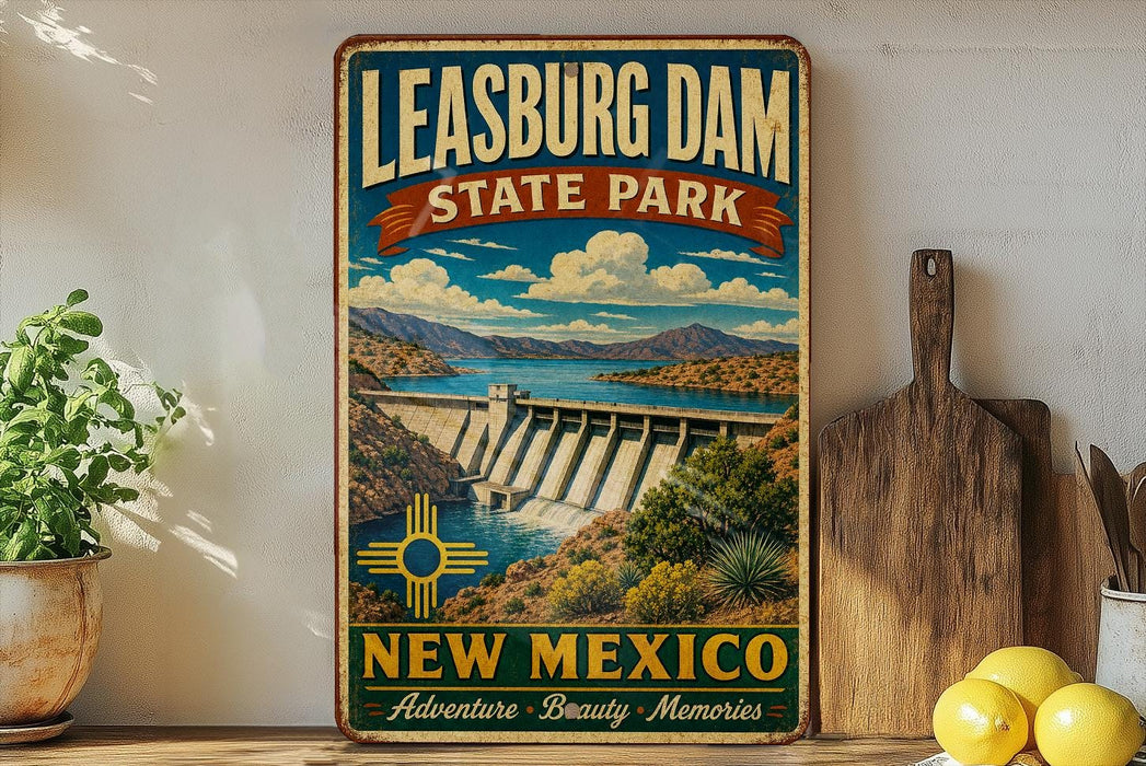 A vintage-style sign for Leasburg Dam State Park in New Mexico, featuring a scenic illustration of the dam and surrounding landscape.