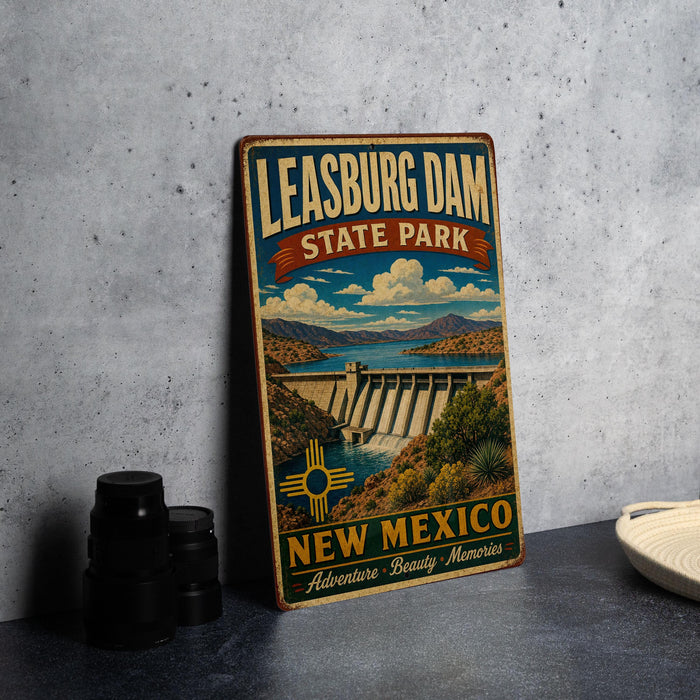 A vintage-style metal sign for Leasburg Dam State Park in New Mexico, featuring a scenic illustration of the dam and surrounding landscape.