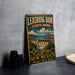 A vintage-style metal sign for Leasburg Dam State Park in New Mexico, featuring a scenic illustration of the dam and surrounding landscape.