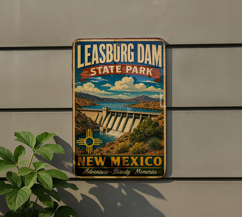 A vintage-style metal sign for Leasburg Dam State Park in New Mexico, featuring a scenic illustration of the dam and surrounding landscape.