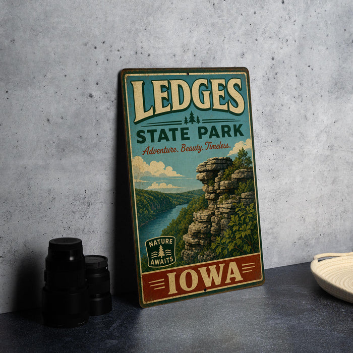A vintage-style sign for LEDGES STATE PARK in Iowa, featuring a scenic illustration of a rocky cliff and a river.