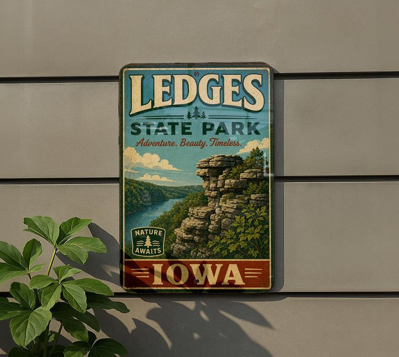 A vintage-style metal sign for LEDGES STATE PARK in Iowa, featuring a scenic landscape with a rocky cliff and a river.