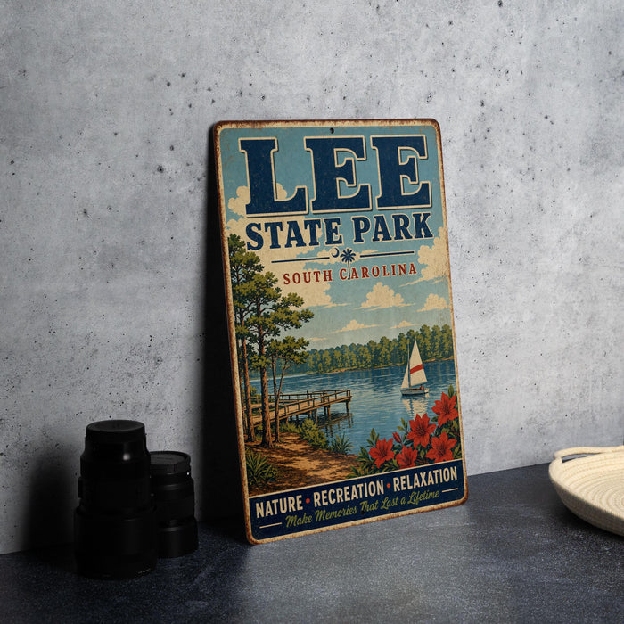 A vintage-style sign for Lee State Park in South Carolina, featuring a scenic illustration of a lake, pier, and sailboat.