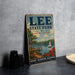A vintage-style sign for Lee State Park in South Carolina, featuring a scenic illustration of a lake, pier, and sailboat.