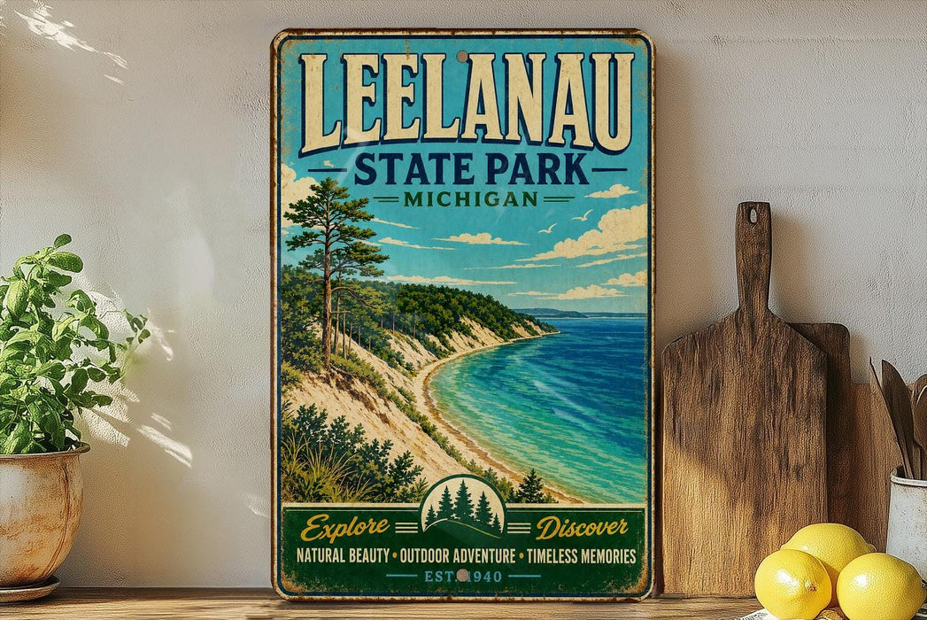 A vintage-style metal sign for Leelau State Park, Michigan, featuring a scenic coastal landscape with pine trees, a beach, and a lake.