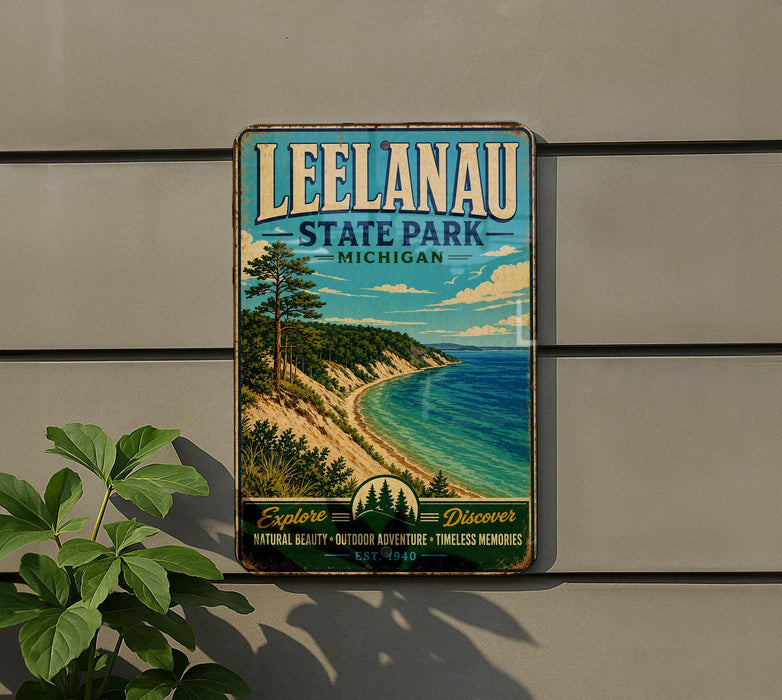 A vintage-style metal sign for Leelanau State Park, Michigan, featuring a scenic coastal landscape with a pine tree and a beach.