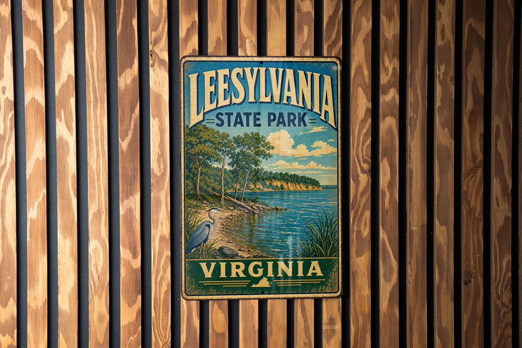 A vintage-style metal sign for Leesburg State Park in Virginia, featuring a scenic landscape with a lake, trees, and a bird.