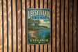 A vintage-style metal sign for Leesburg State Park in Virginia, featuring a scenic landscape with a lake, trees, and a bird.