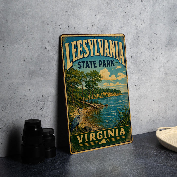A vintage-style sign for Leesville State Park, Virginia, featuring a scenic landscape with a lake, trees, and a bird.