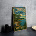 A vintage-style sign for Leesville State Park, Virginia, featuring a scenic landscape with a lake, trees, and a bird.
