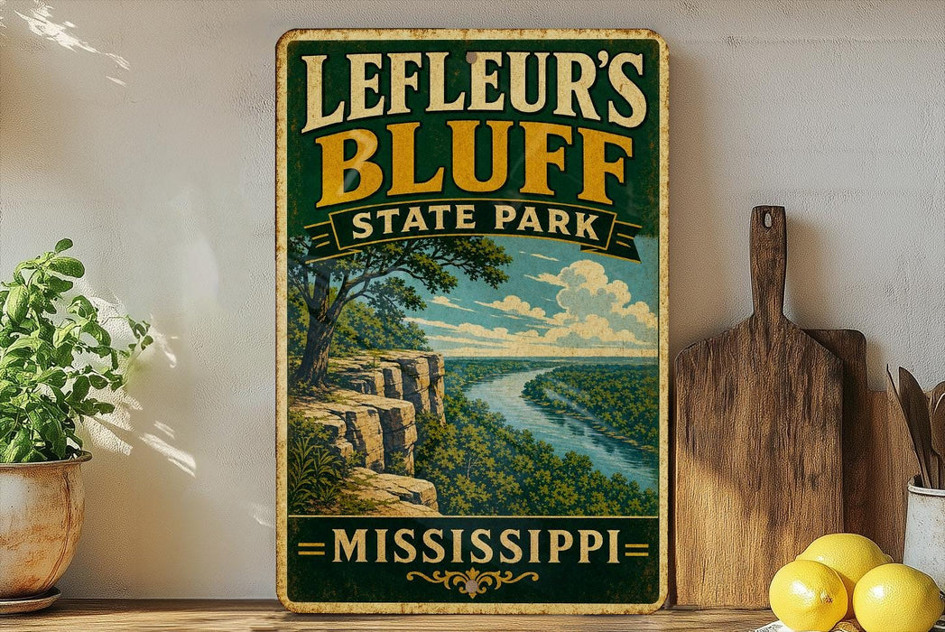 A vintage-style sign for Leffeur's Bluff State Park in Mississippi, featuring a scenic landscape with a river and lush greenery.