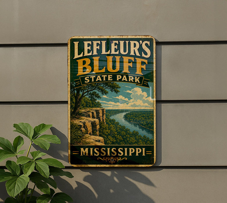 A vintage-style metal sign for Leffeur's Bluff State Park in Mississippi, featuring a scenic landscape with a river and cliffs.