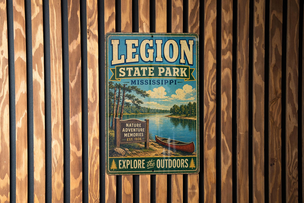 A vintage-style metal sign for Legion State Park in Mississippi, featuring a scenic landscape with a lake, trees, and a canoe.