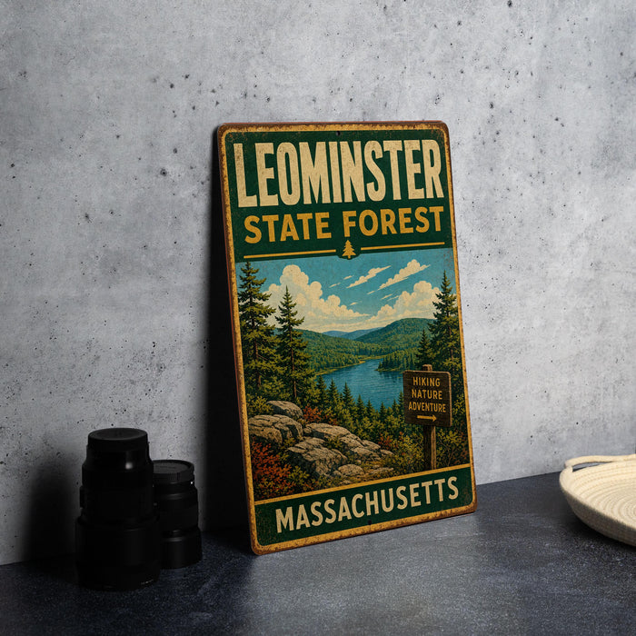 A vintage-style metal sign for the Leominster State Forest in Massachusetts, featuring a scenic landscape with pine trees, a lake, and mountains.