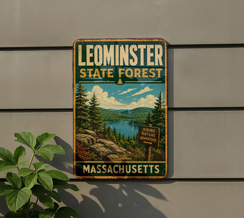A vintage-style metal sign for Leominster State Forest in Massachusetts, featuring a scenic landscape with pine trees, a lake, and mountains.