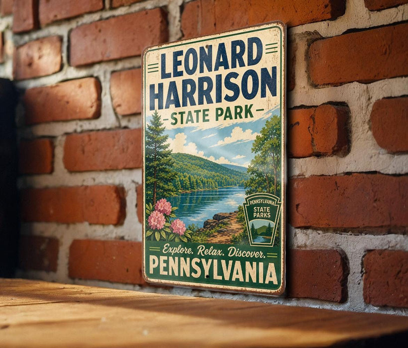 A vintage-style metal sign for Leonard Harrison State Park, featuring a scenic landscape with a river, trees, and mountains.