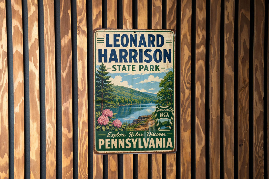 A vintage-style metal sign for Leonard Harrison State Park in Pennsylvania, featuring a scenic landscape with a river, trees, and mountains.