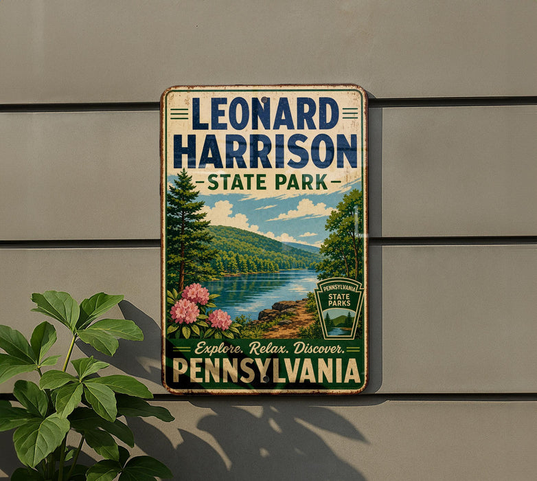 A vintage-style metal sign for Leonard Harrison State Park, featuring a scenic landscape with a lake, mountains, and trees.
