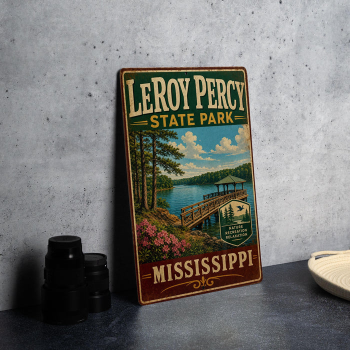 A vintage-style metal sign for LeRoy Percy State Park in Mississippi, featuring a scenic landscape with a wooden bridge and a lake.