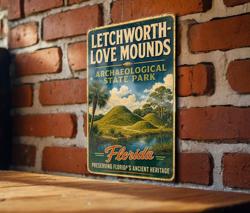 A vintage-style metal sign for Lechworth-Love Mounds, an archaeological park in Florida, is displayed on a brick wall.
