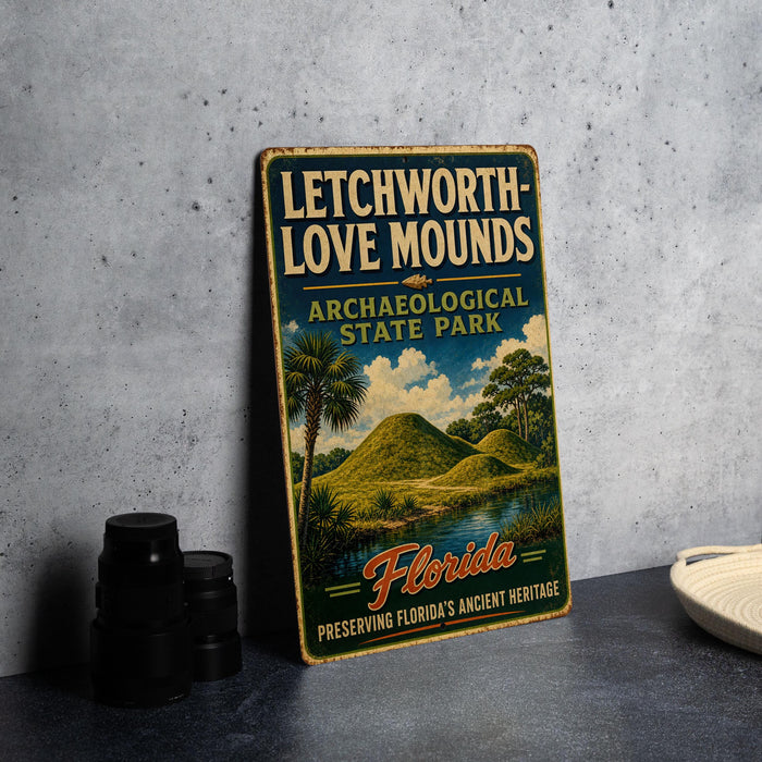 A vintage-style sign for Lechworth-Love Mounds, an archaeological state park in Florida, featuring a tropical landscape with palm trees and hills.