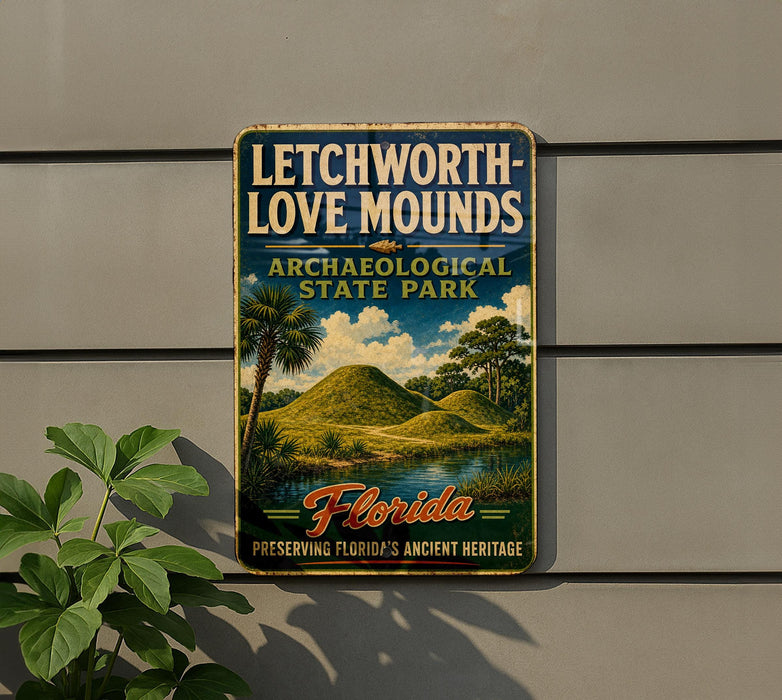 A vintage-style sign for Lechworth-Love Mounds, an archaeological state park in Florida, featuring a scenic landscape with palm trees and hills.