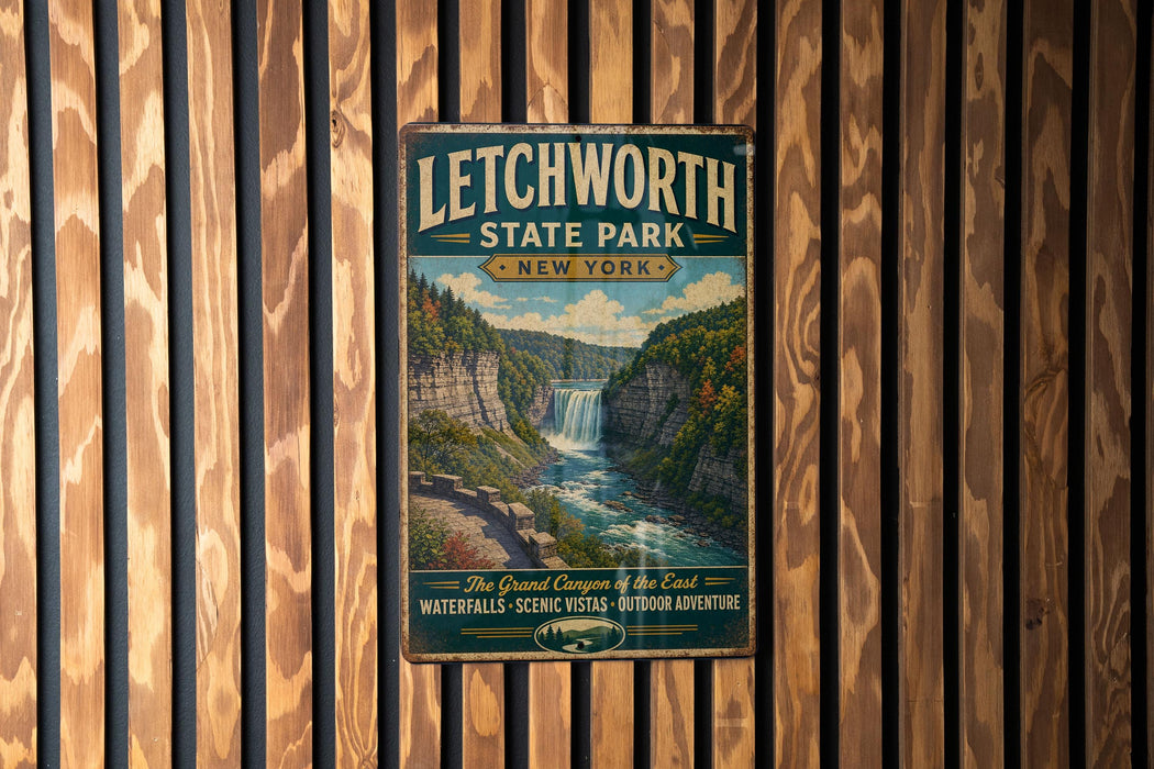 A vintage metal sign for Litchworth State Park in New York, featuring a scenic image of a waterfall and forested mountains.