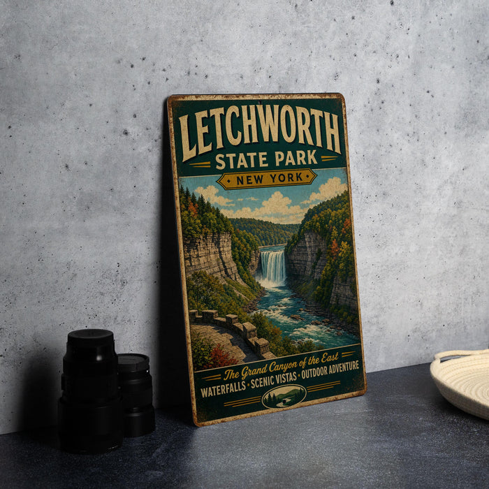 A vintage-style sign for Litchworth State Park in New York, featuring a scenic waterfall and forest landscape.