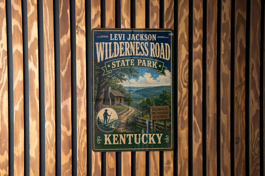 A vintage-style metal sign for Levi Jackson Wilderness Road, State Park in Kentucky, featuring a scenic image of a forest and a cabin.